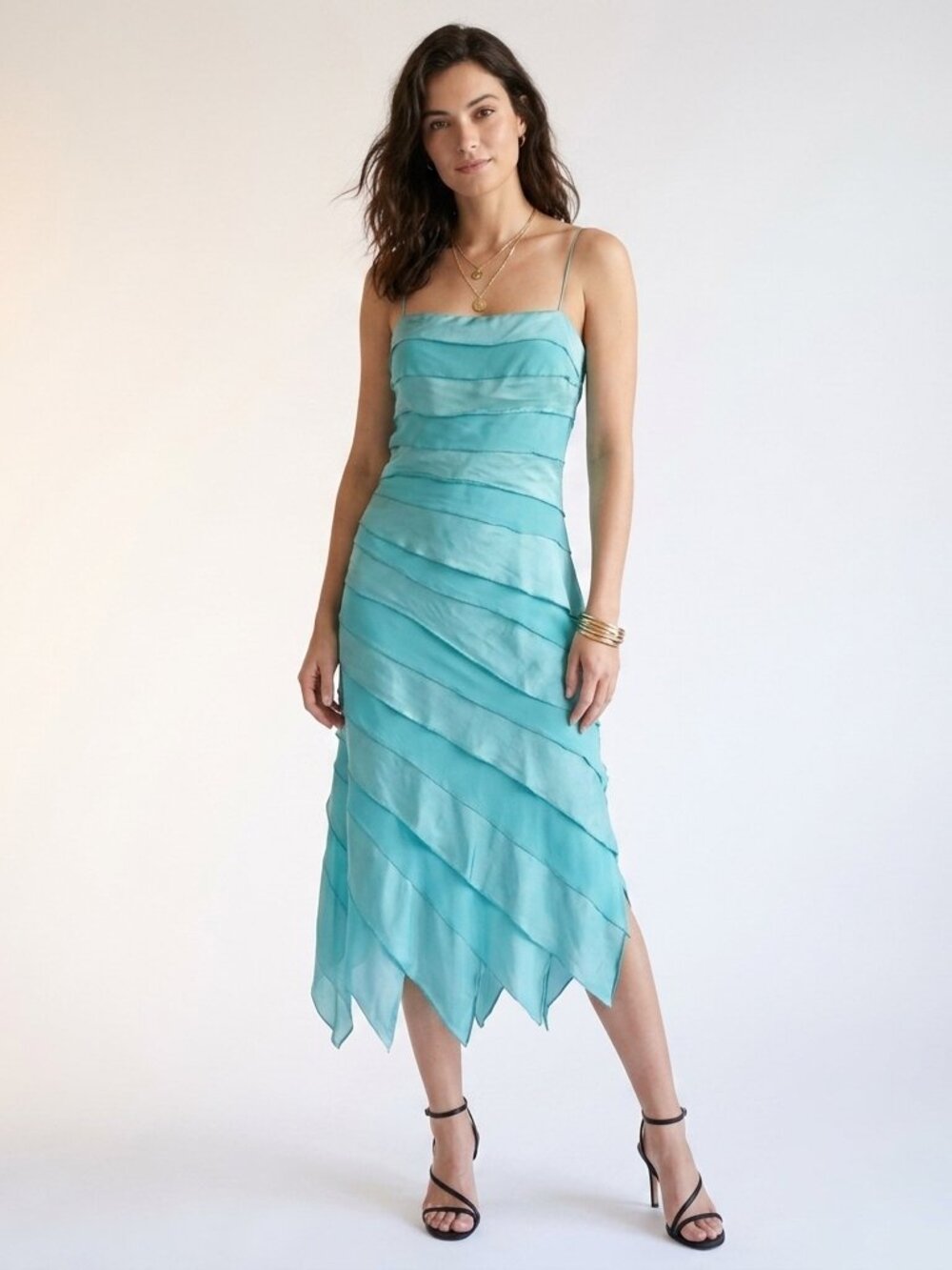 Y2K Crystal Blue Silk Fairytale Slip Dress Hankie Hem It Girl Wedding Guest